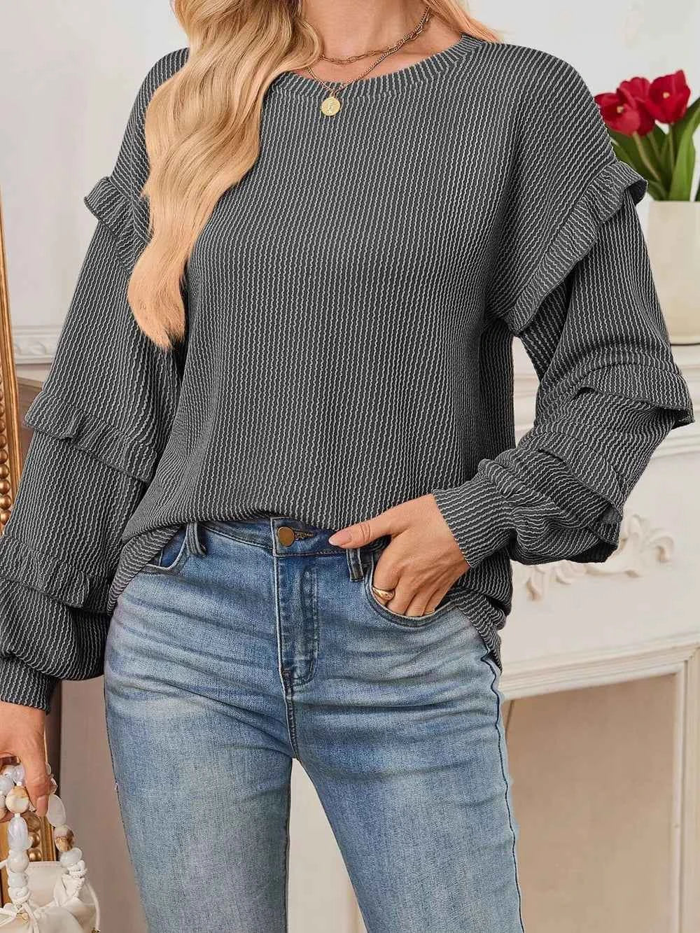 Round Neck Ruffled Long Sleeve Sweatshirt eb7cf675c4284b3989cd19cec3844996-Max