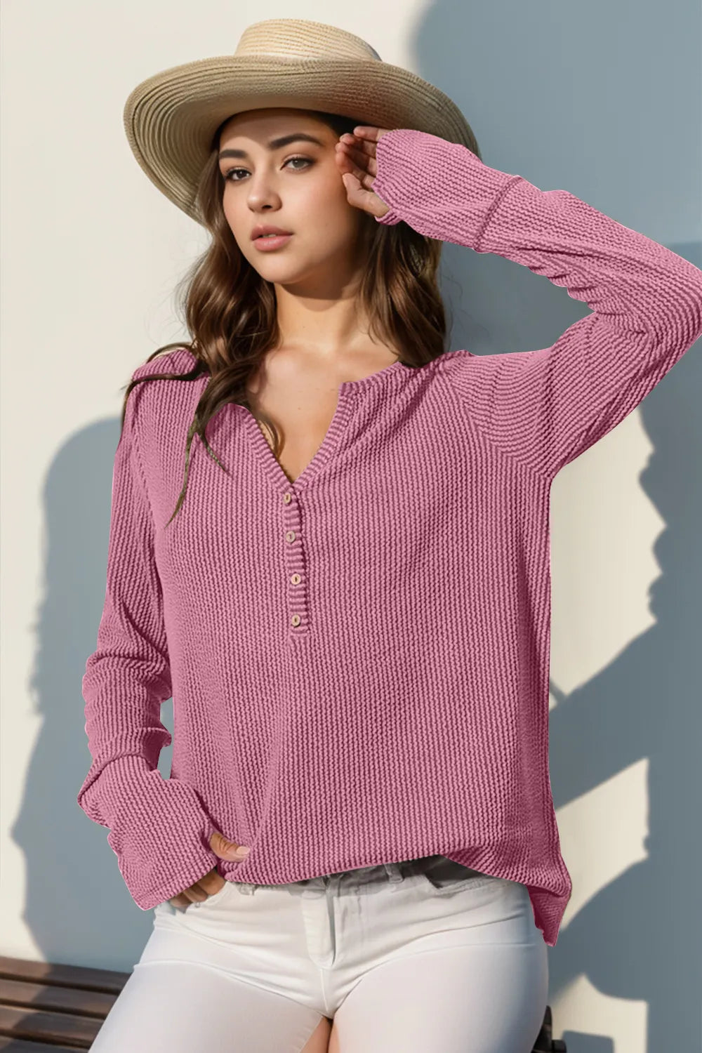 Double Take Full Size Notched Thumbhole Long Sleeve T-Shirt Pink eb8451c1-6f4a-4989-8410-52e7334206d8-Max