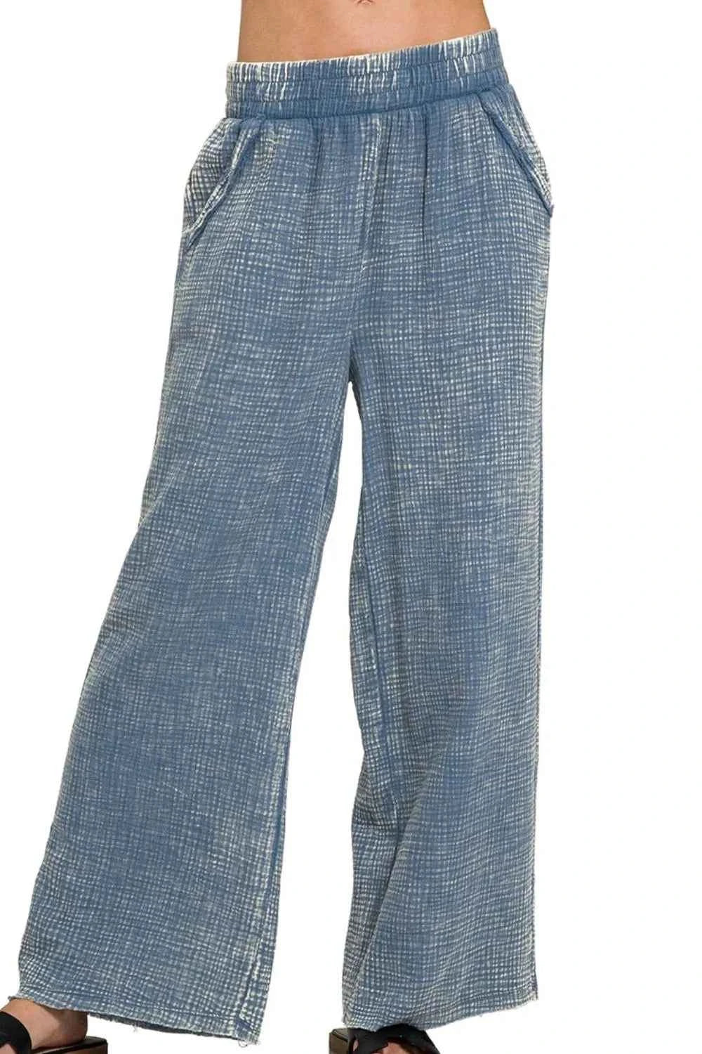 Zenana Washed Double Gauze Elastic Band Waist Pants DUSTY BLUE eb97e7a3-3b25-4d7d-8582-97062d8515c8-Max-Origin