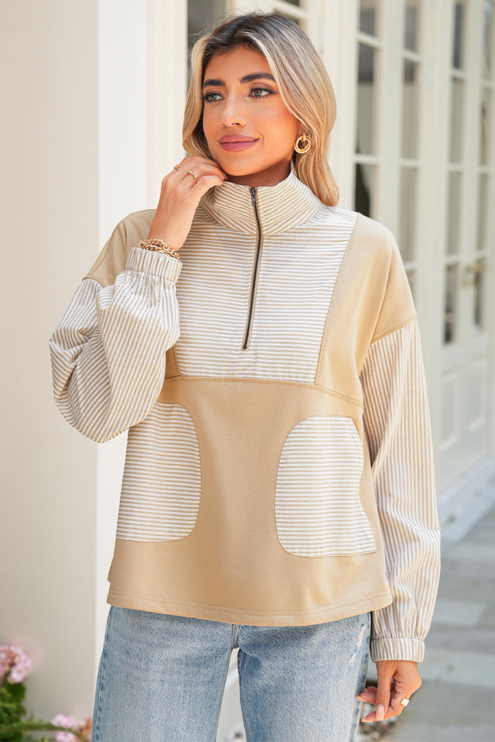 Smoke Gray Striped Patchwork Zip Collar Long Sleeve Top eba2003dec62c99e