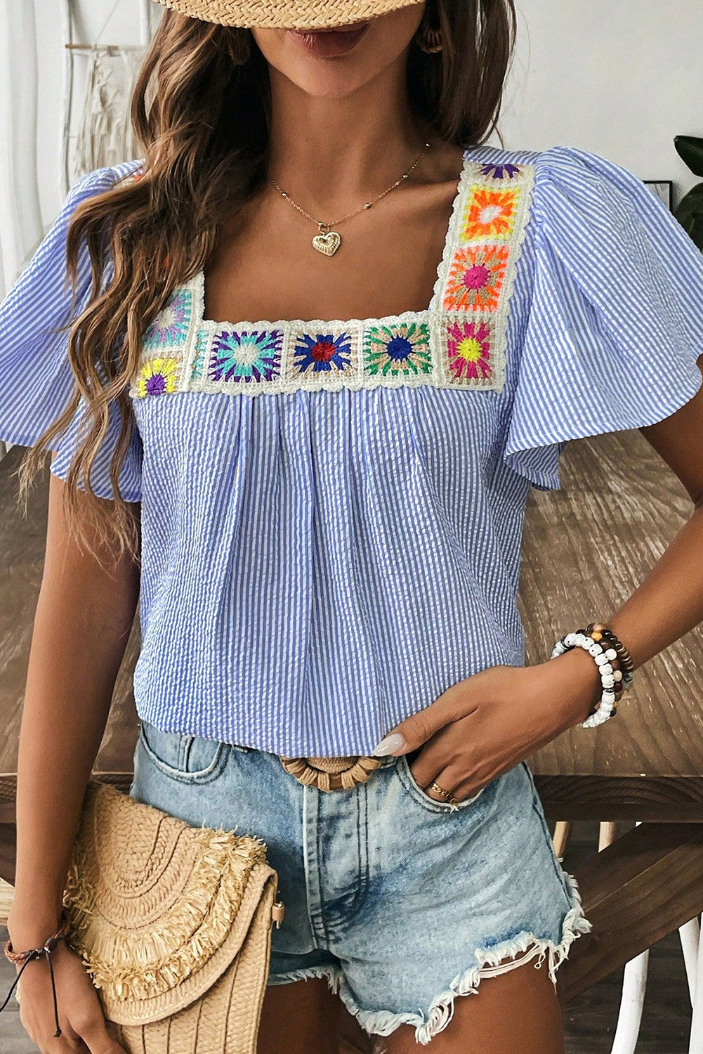 Sky Blue Striped Crochet Applique Boho Blouse eba2fbf9d63036ef