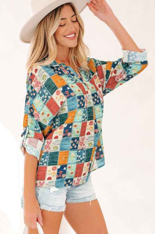 Floral Patchwork Long Sleeve Collar V-Neck Blouse ebb544ee-df95-4ee7-be6e-adbb913ce16d