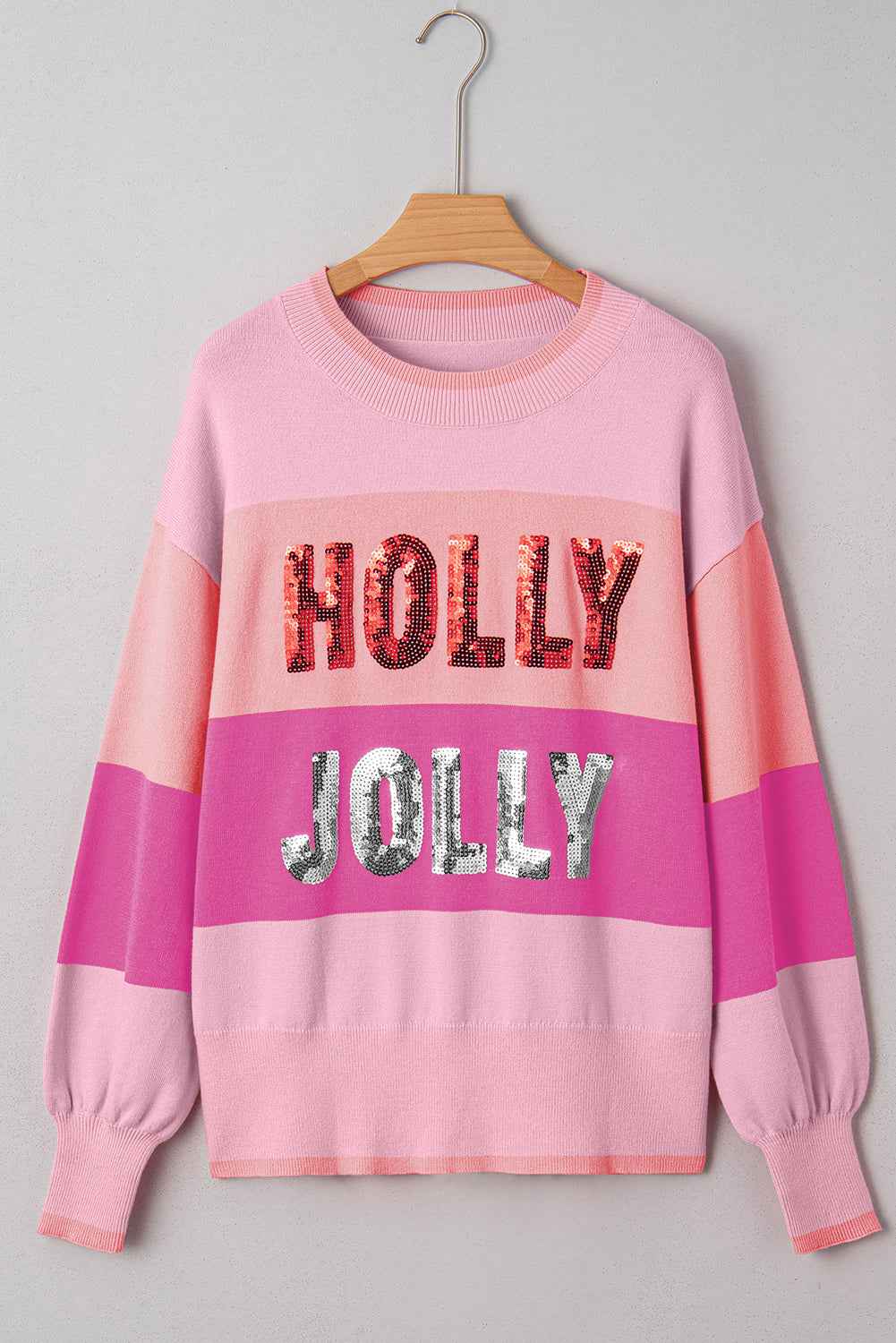 Pink HOLLY JOLLY Sequined Color Block Crew Neck Sweater ebb6a59773f4eeea