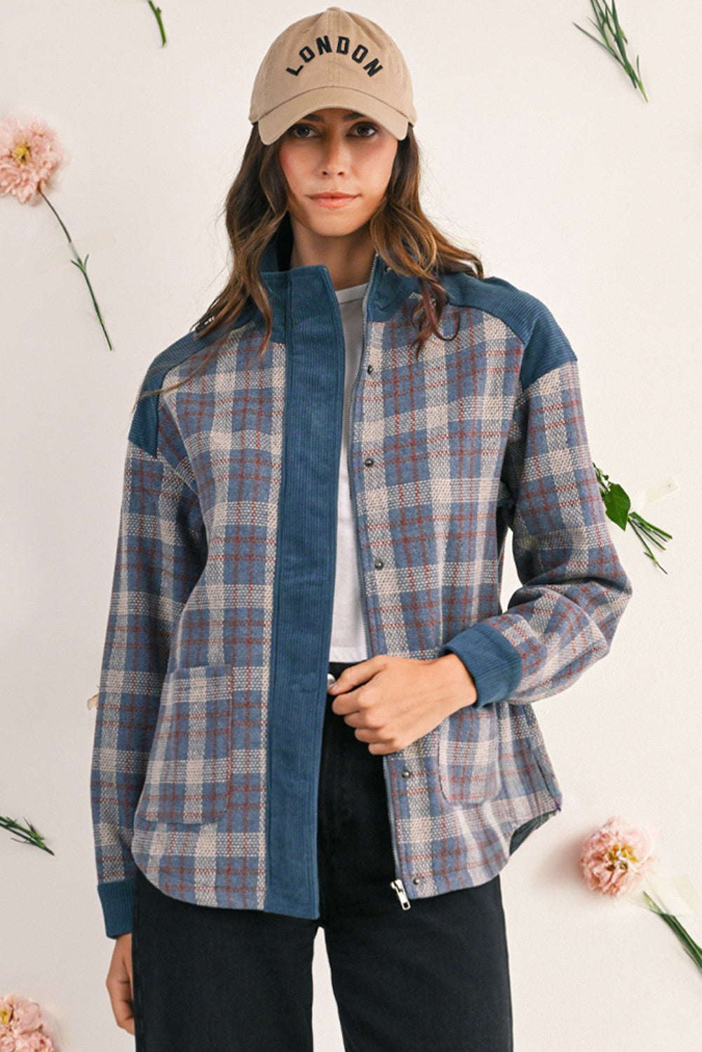 Gray Plaid Corduroy Patchwork Collared Zip Up Snap Button Jacket ebb7dbf6632becac