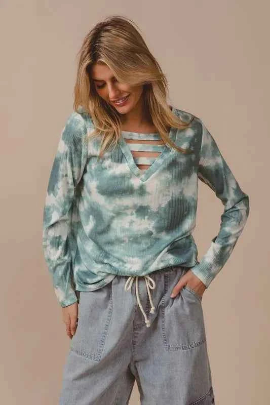 BiBi Variegated Tie Dye Rib V-Neck Top with Strapped DUSTY SAGE MULTI ebbfe61318f9433b8c71fe7bb811fc23-Max-Origin