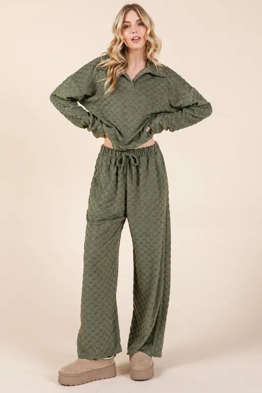 BOMBOM Tied Checkered Wide Leg Pants Moss ebd66e20-785f-4491-b083-e6c559b351d0-Max