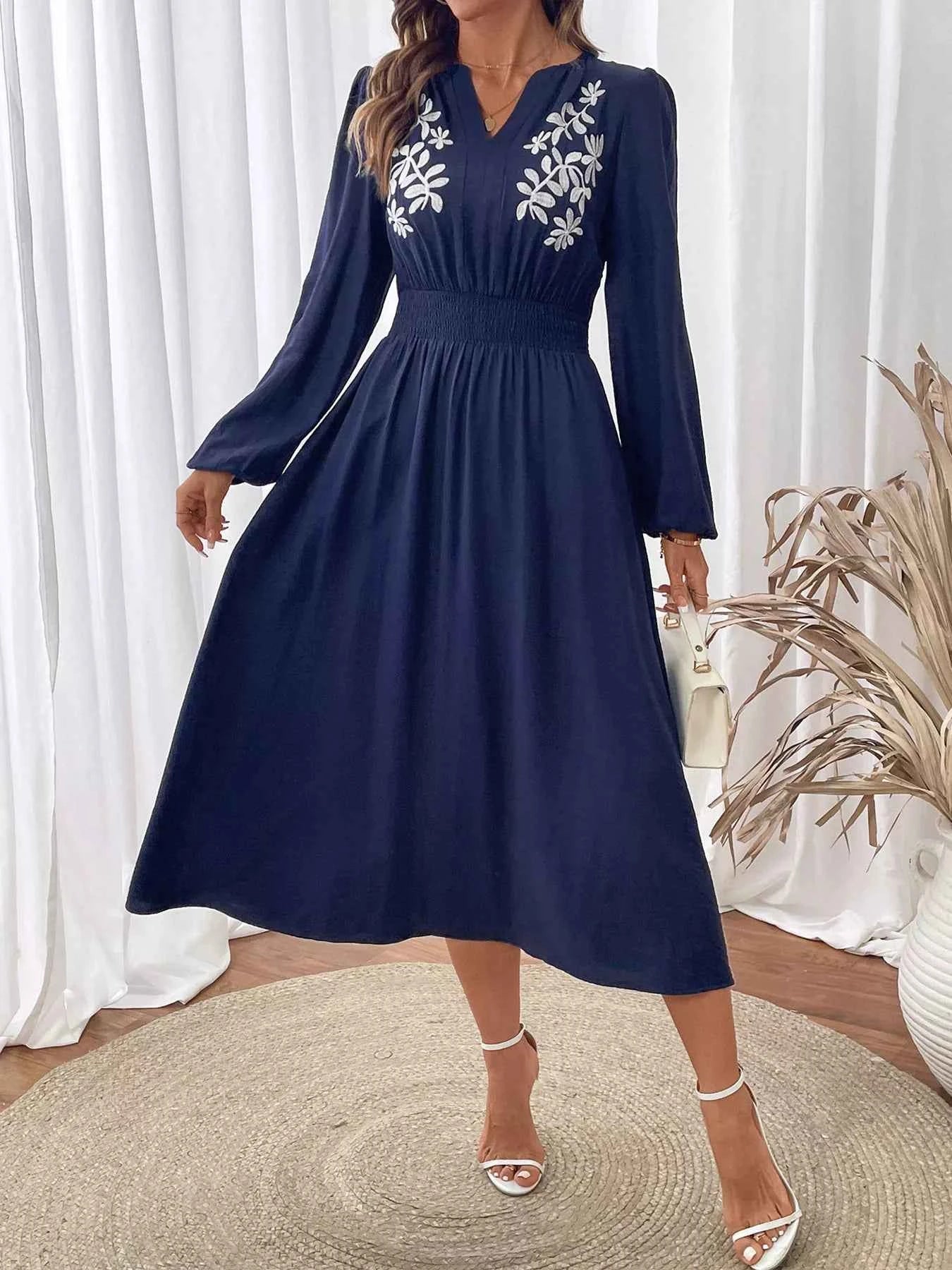 Embroidered Notched Long Sleeve Midi Dress ebe260df8714467db8cfca4b521f012b-Max-Origin