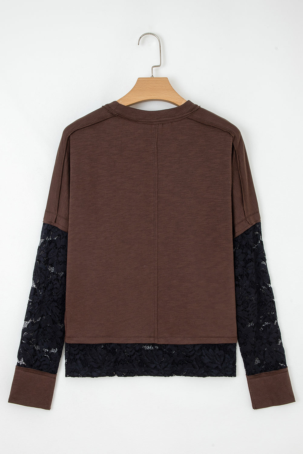 Light French Beige Sheer Lace Patchwork Casual Long Sleeve Tee ebe6973437e3c96f