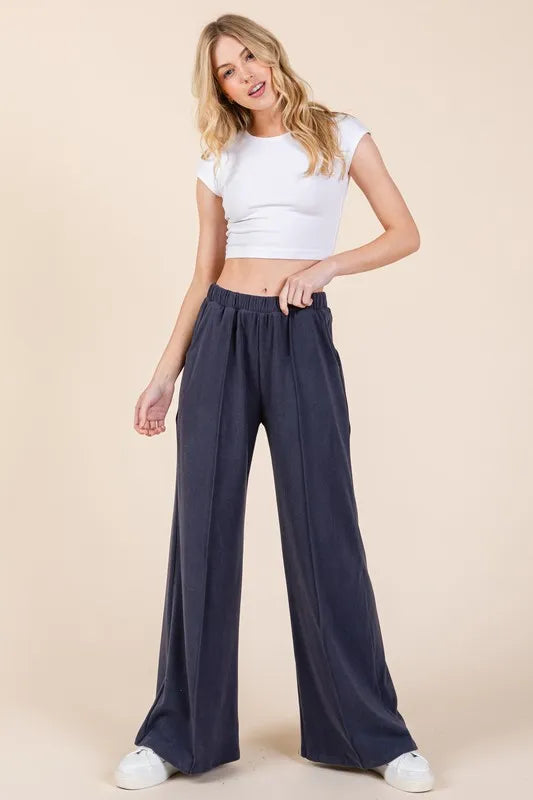 BOMBOM Elastic Waist Wide Leg Pants with Pockets Navy ebeef42e-d565-49a6-8850-09893d0aabe8-Max