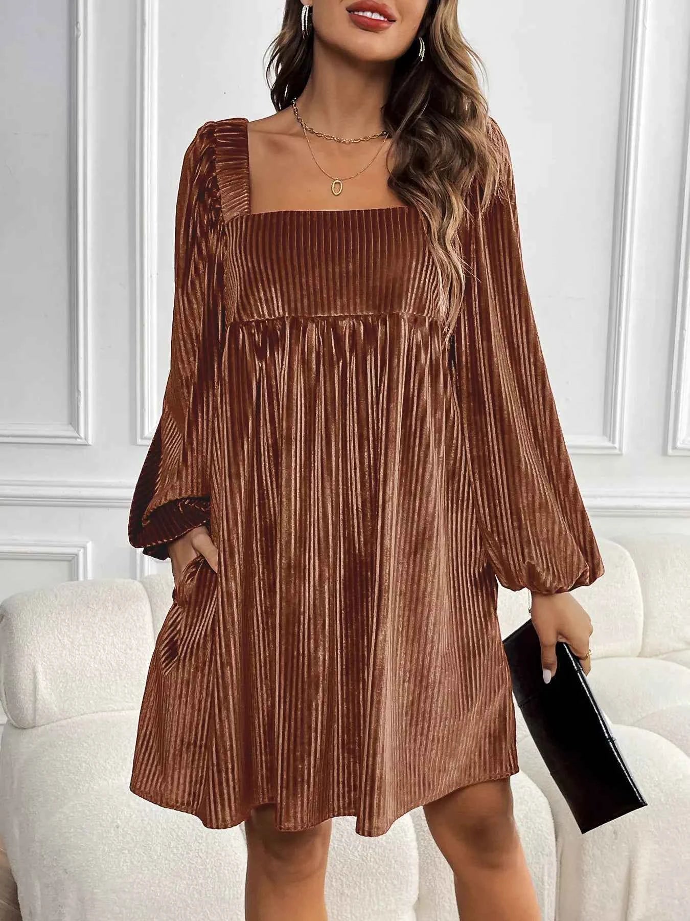 Velvet Square Neck Long Sleeve Dress ec040c14-0925-4695-8445-535ac1ab8375-Max-Origin