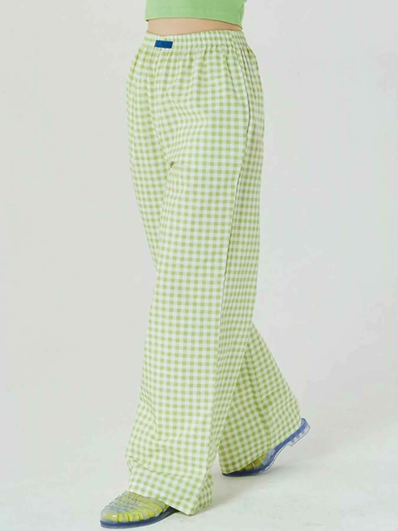 Elastic Waist Wide Leg Pants Light Green Plaid ec0e153d-a9ed-4e5f-9fc4-3004bd0664e7-Max-Origin