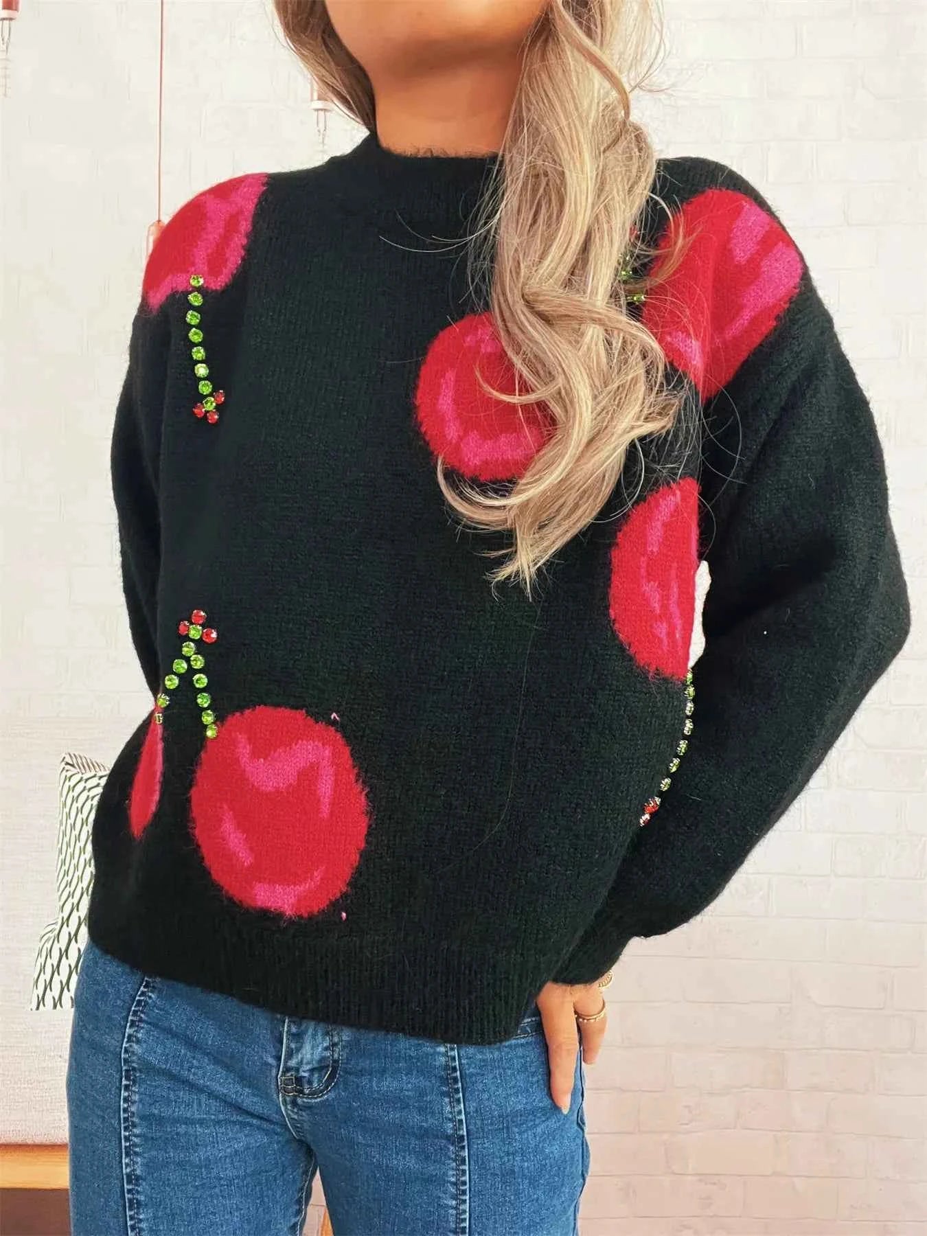 Contrast Cherry Round Neck Sweater ec0f23d0e1a447aca046be602f9846c7-Max-Origin