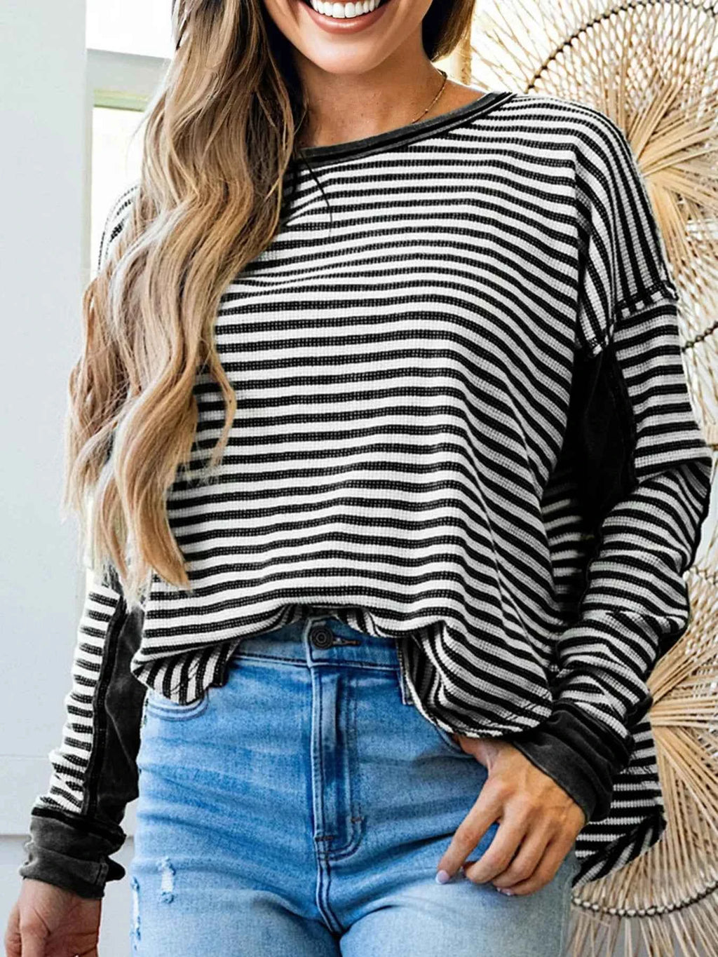Striped Drop Shoulder Casual Top Black ec133ee0bce24beba960bcc32c645a89-Max-Origin