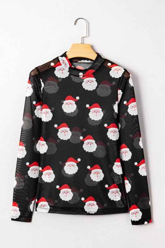 Santa Christmas Mesh Long Sleeve Top