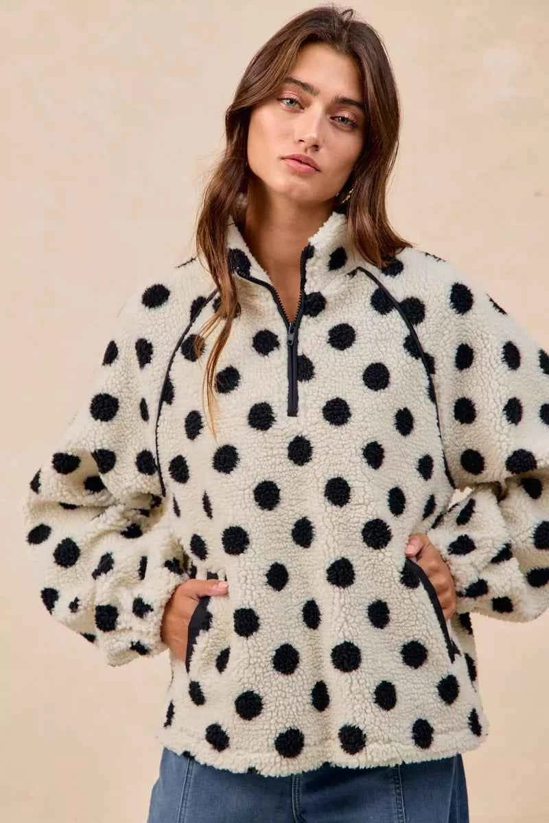 BiBi Polka Dot Sherpa Half Zip Up Top with Side Pocket ec16c1d2-8858-4b77-a11c-253ebab87b73-Max-Origin