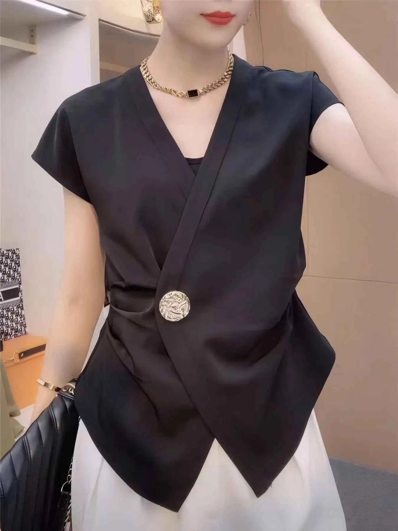 Plus Size Wrap Front Blouse with Decorative Button Detail Black ec37c445-787c-4844-ab5e-2b596bdfb49c-Max-Origin