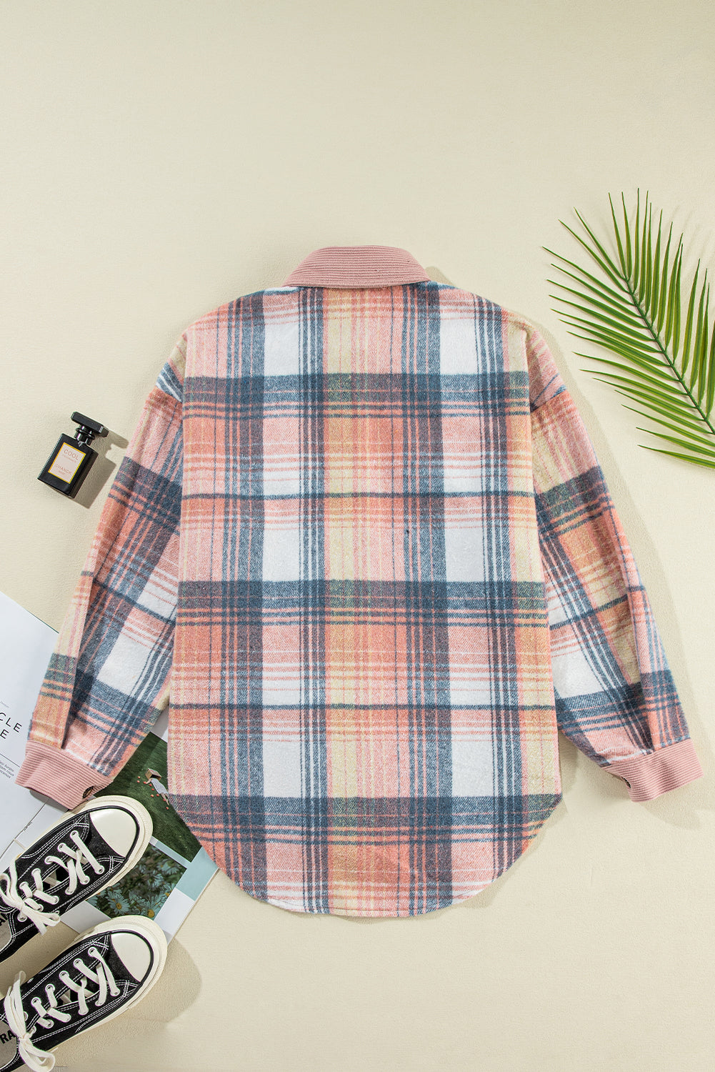 Cinnamon Plaid Corduroy Patchwork Pocket Loose Shacket ec39755ca96a967b
