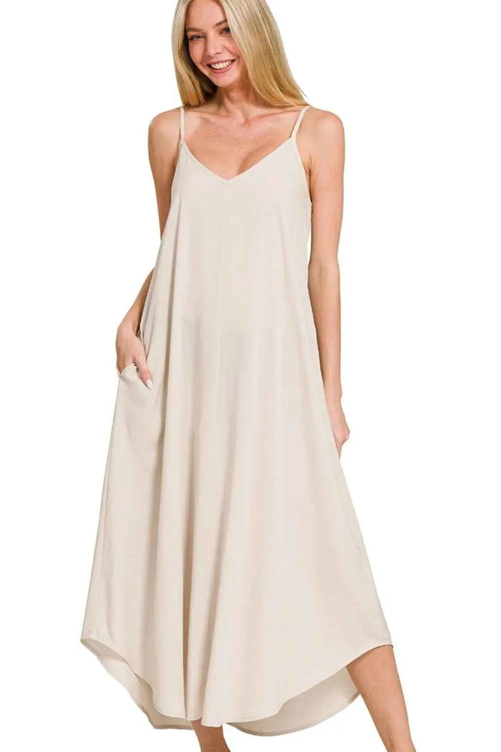 Zenana Woven Arc Hem Cami Dress With Flowy Pockets SAND BEIGE ec4236a4-36c4-4572-bae7-ce946389600d-Max-Origin