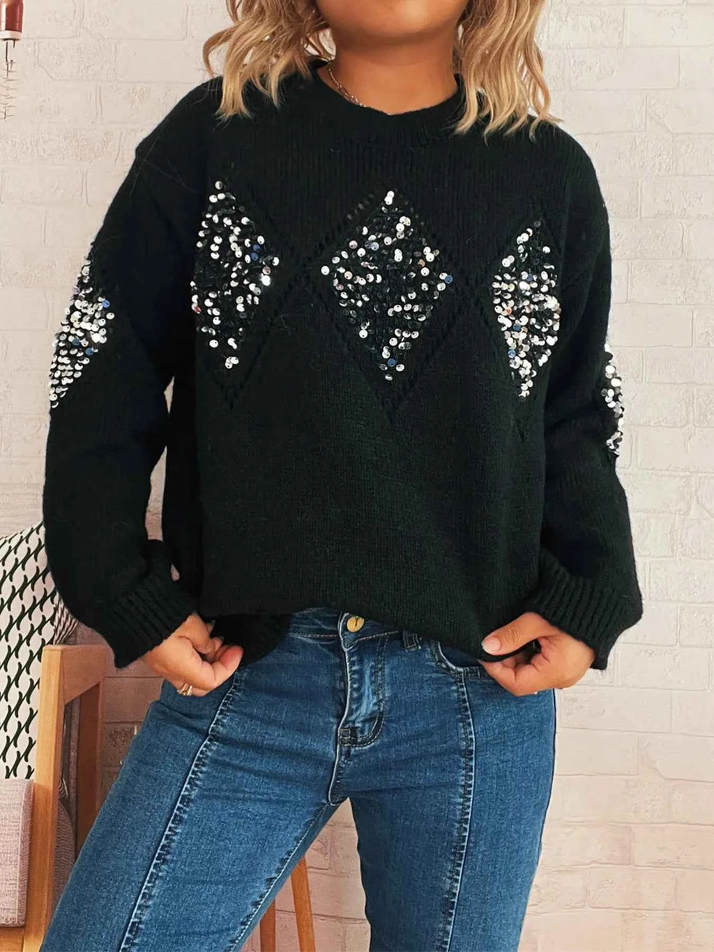 Sequined Diamond Pattern Oversized Sweater ec431c0926a640f789d721b24ee8eb84-Max-Origin