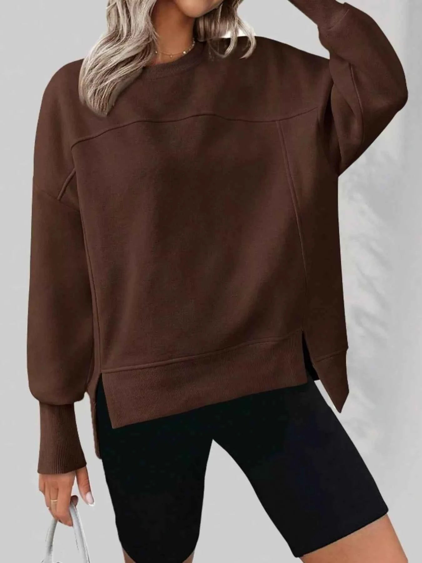 Slit Round Neck Dropped Shoulder Sweatshirt Brown ec439ba2e0b84f2ea77209fe3ceef534-Max-Origin