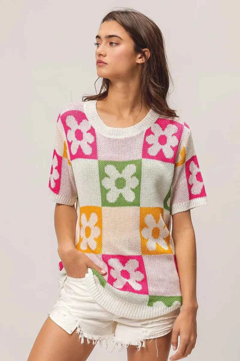 BiBi Flower Checker Pattern Lightweight Sweater Top ec46fcefadc047e193336fd5804461d2-Max-Origin