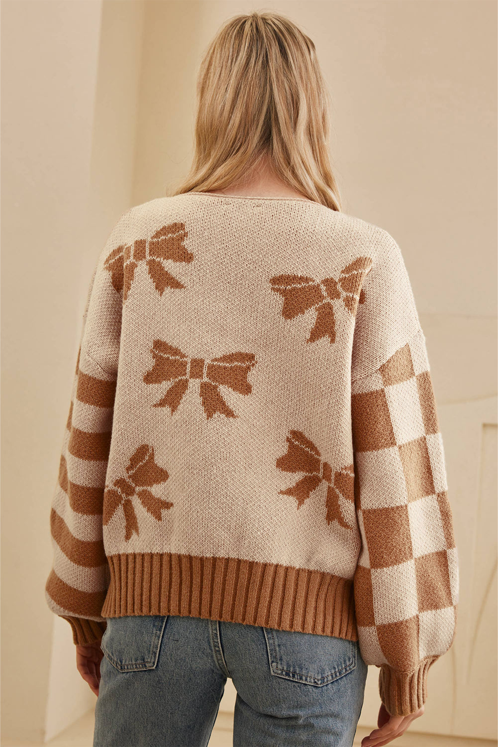 Straw Yellow Striped Checkered Sleeves Bow Print Knit Sweater ec667324e1d96ea4