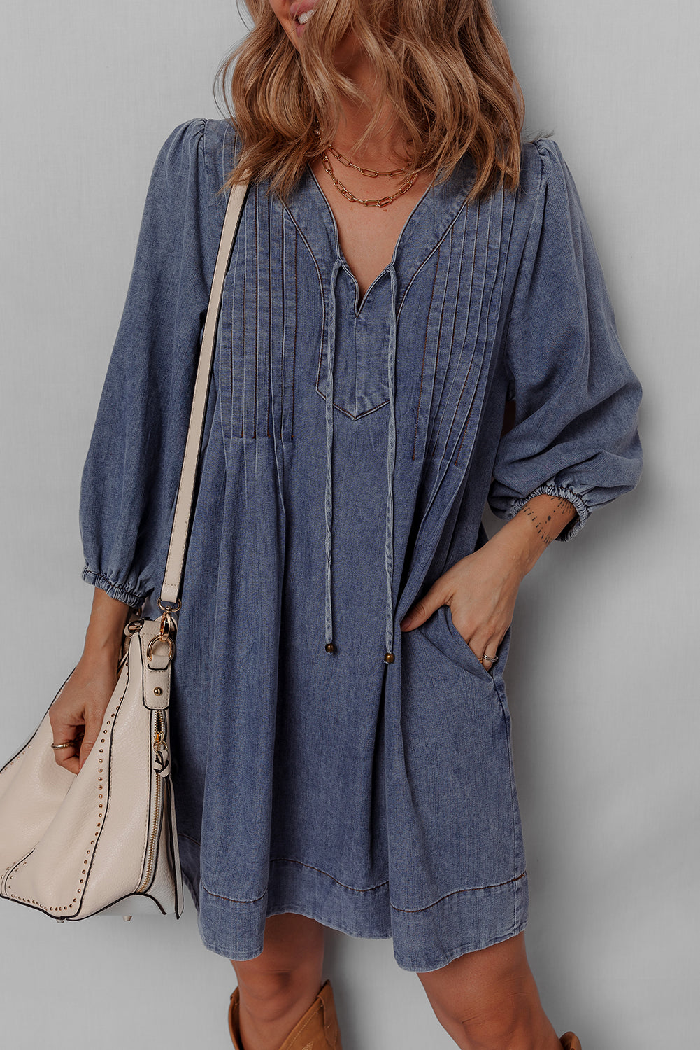 Sail Blue Pleated V Neck 3/4 Sleeve Denim Mini Dress Sail Blue 100%Cotton ec84e3e29cf6b418
