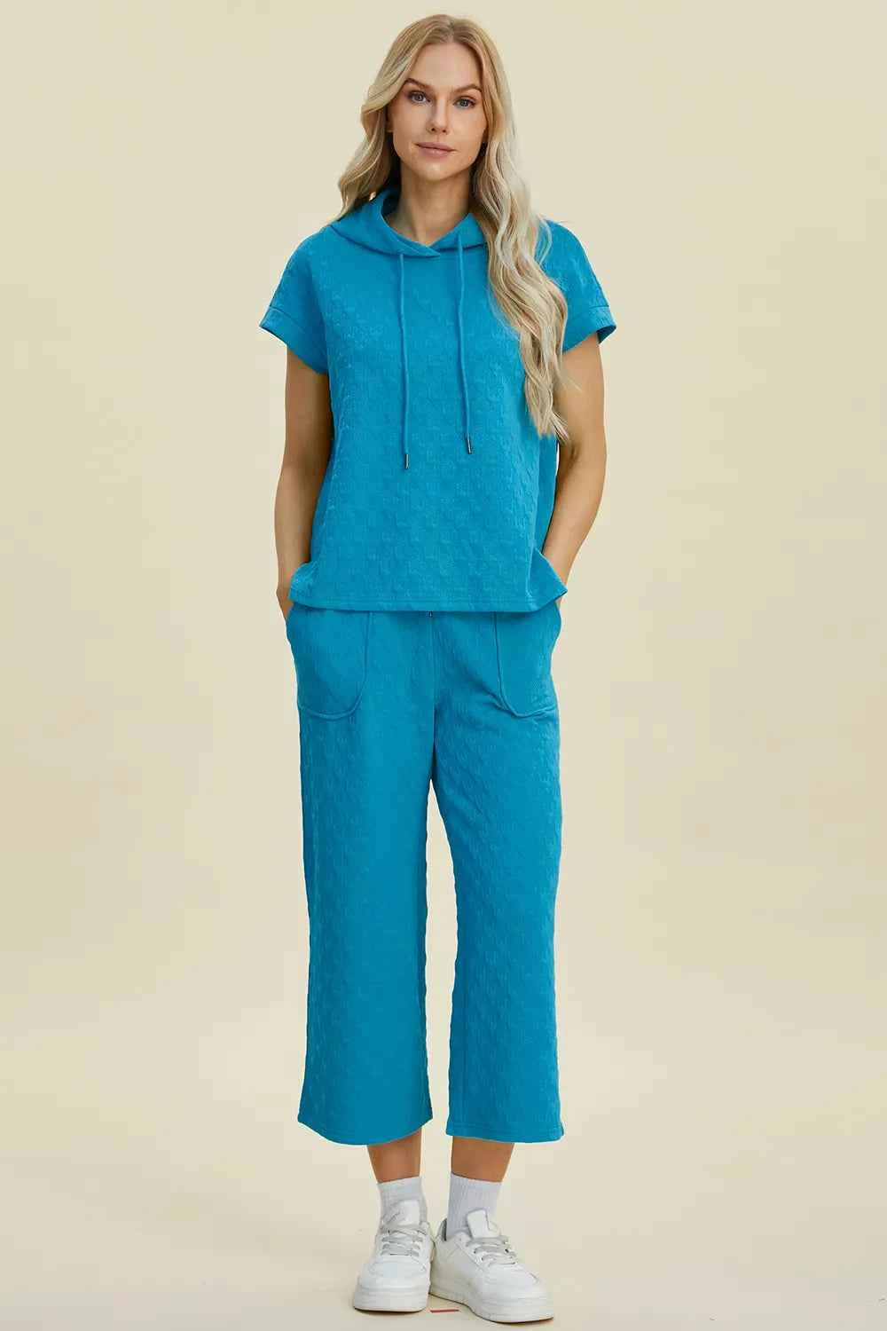 Double Take Full Size Texture Drawstring Short Sleeve Hoodie and Pocketed Pants Set Cerulean ec96dc1b-3d3e-4034-8cd3-70508f9cc954-Max