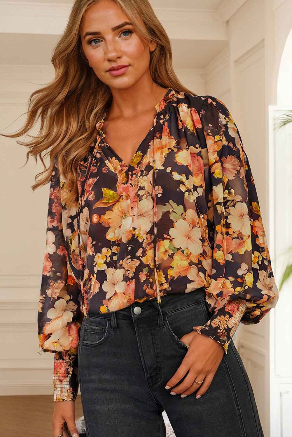 Black Floral V Neck Long Puff Sleeve Breezy Blouse ec978278107aafb1