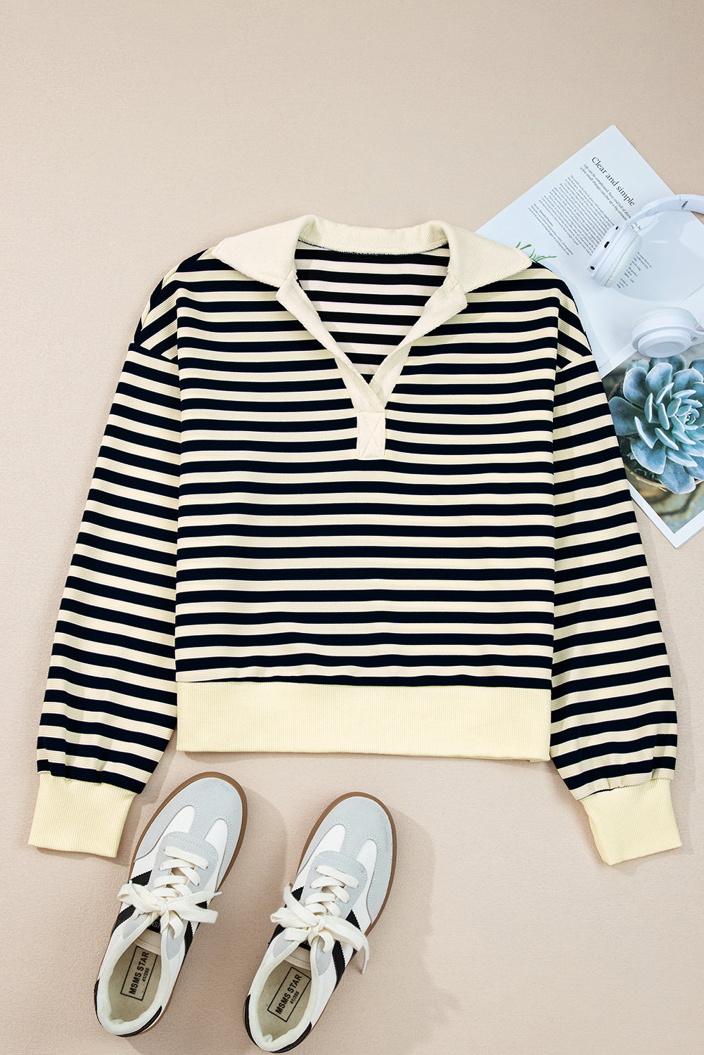 Blue Striped Long Sleeve V Neck Top eca09f129b8f7a45