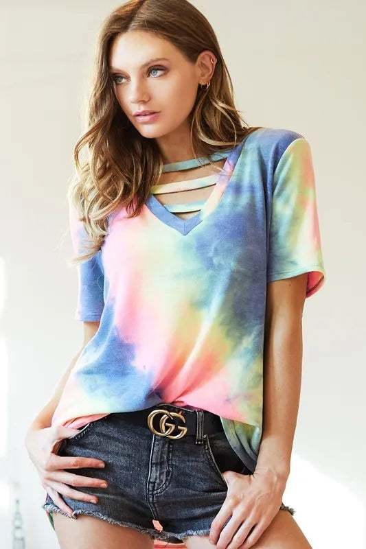 BiBi Tie-Dye V-Neck Short Sleeve T-Shirt ecaaebe4d90b4cc4abcadba1dccdd48d-Max-Origin