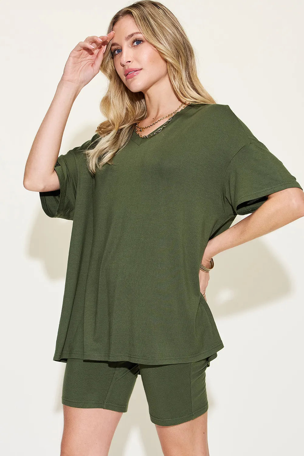 Basic Bae Full Size V-Neck Drop Shoulder T-Shirt and Shorts Set ecad0374-1bf2-4ef3-bd7d-2bfddaebdce3-Max