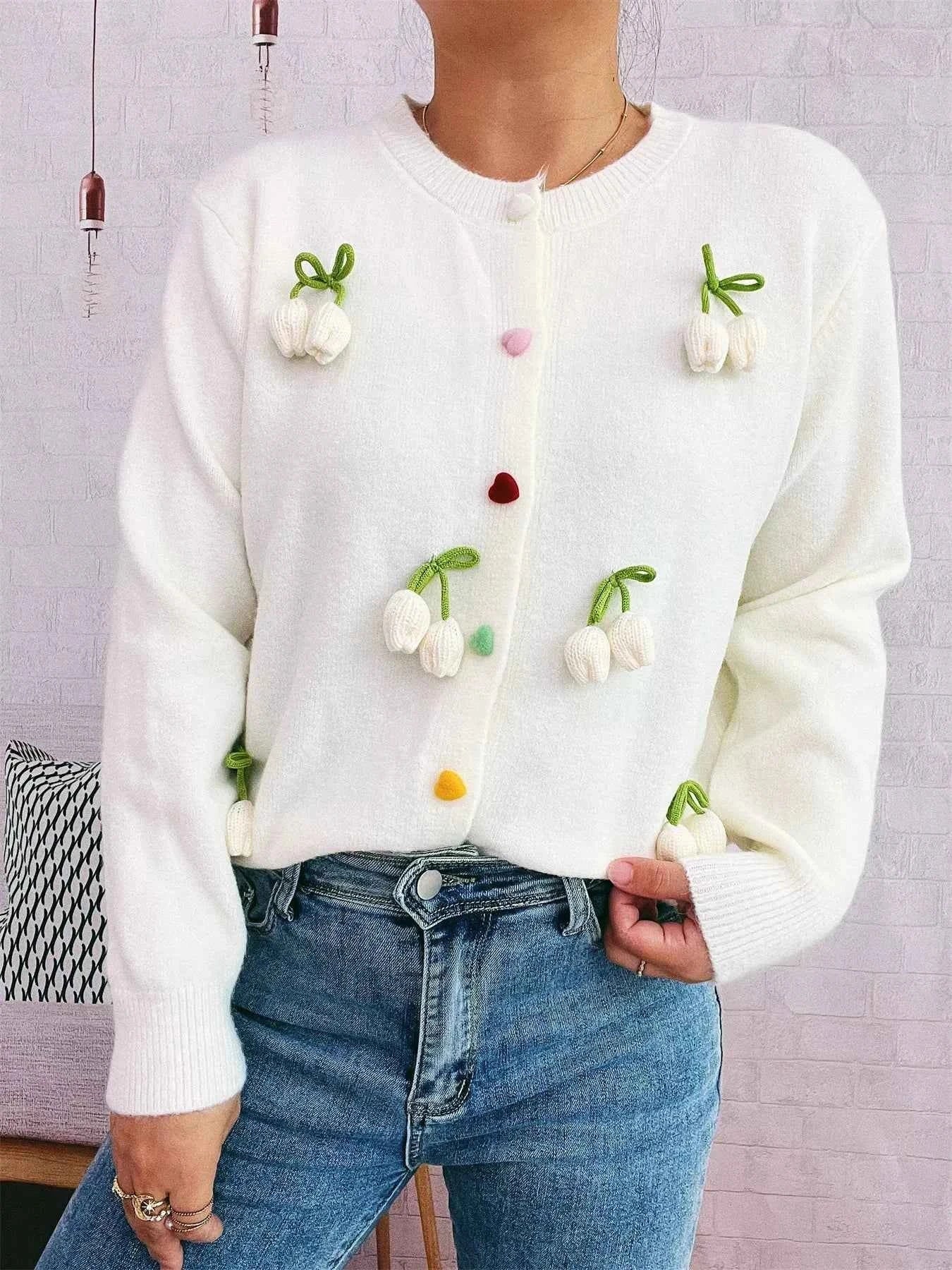 Flower Button Up Long Sleeve Cardigan White One Size ecb344de71804705b405059ed3ba02b8-Max-Origin