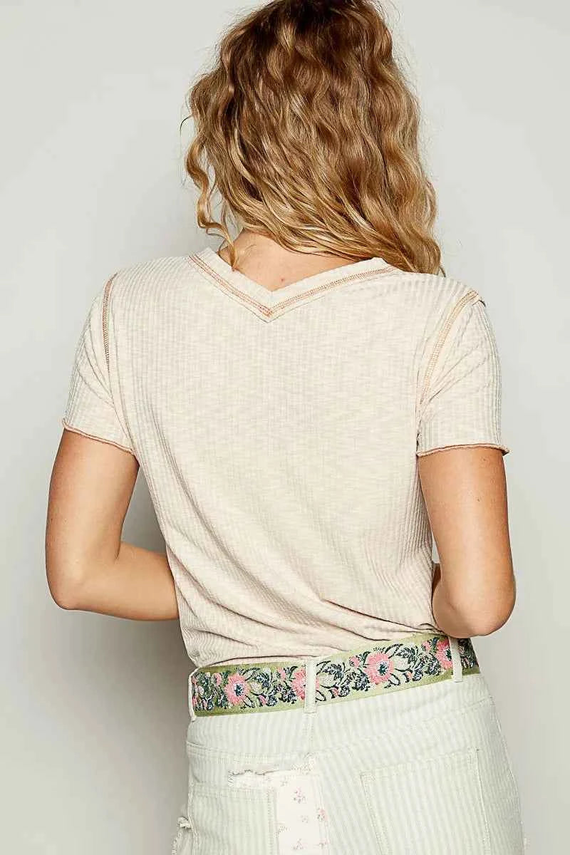 POL V-Neck Short Sleeve Ribbed T-Shirt with Contrast Overlock Stitching ecb6a442-9543-4889-9c54-2da18d28554d-Max-Origin