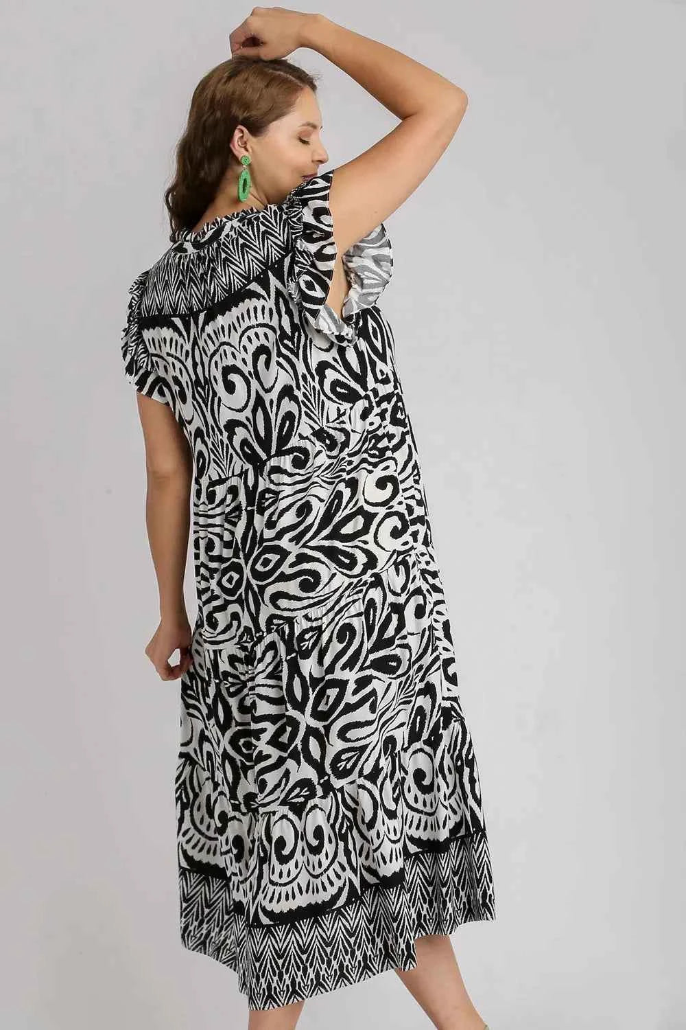 Umgee Full Size Two Tone Border Print Ruffle Cap Sleeve Midi Dress Plus Size ecb805db-949f-4c25-ba59-6c35d1eceab0-Max