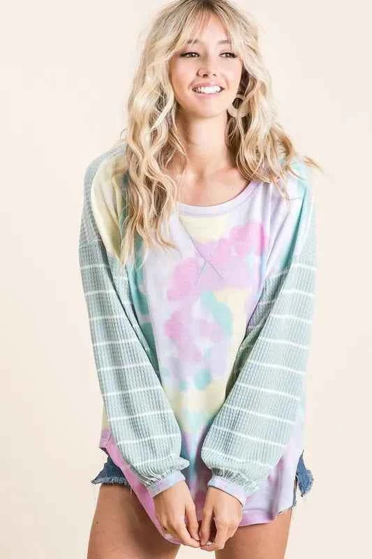 BiBi Tie Dye Terry Top with Wide Stripe Thermal Waffle ecb8caa3c52543fc8dab808b1c4b5479-Max-Origin