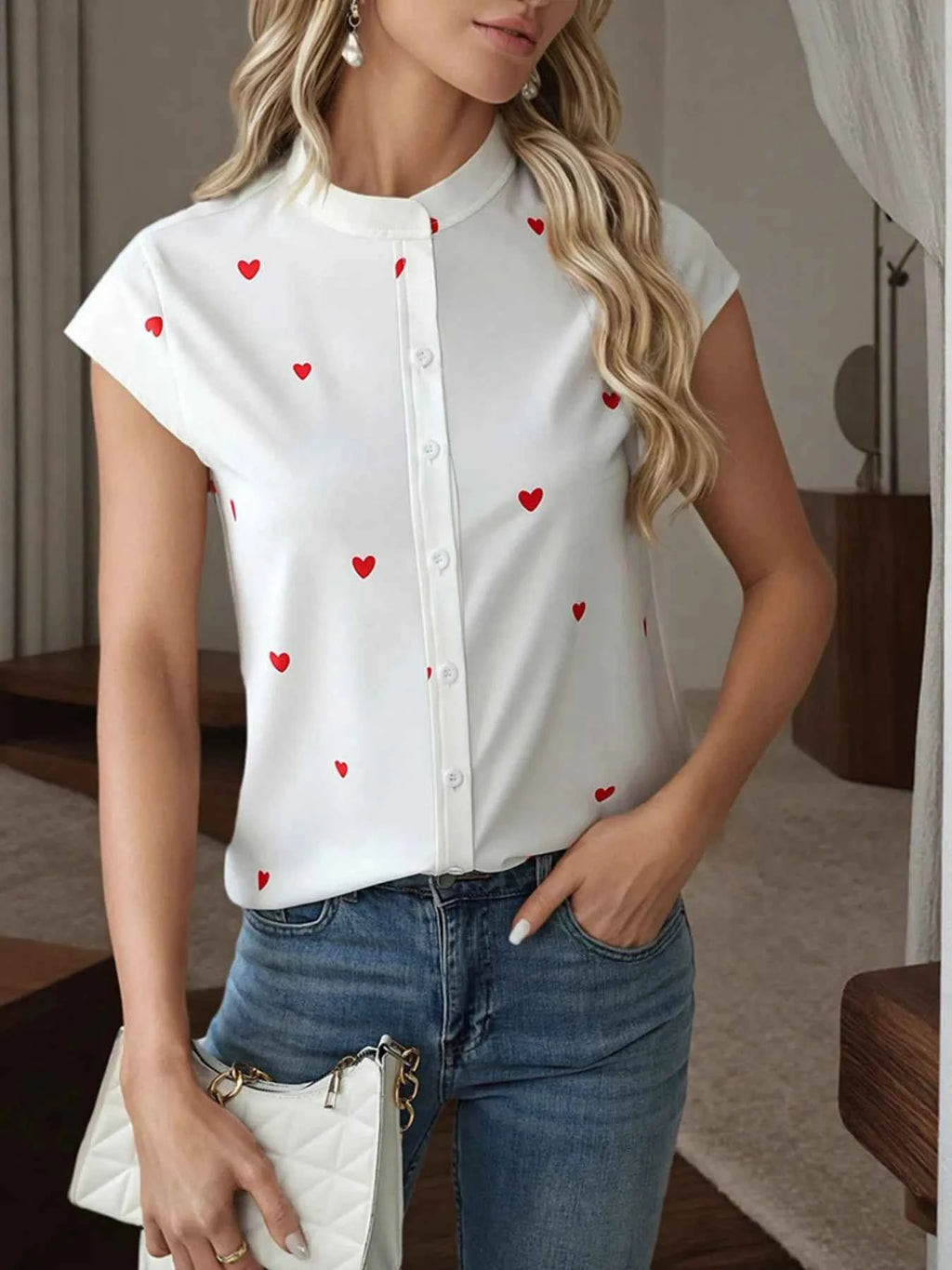 Heart Print Cap Sleeve Button-Up Shirt eccb1449983d44f4b9950bde5c29c6a0-Max-Origin