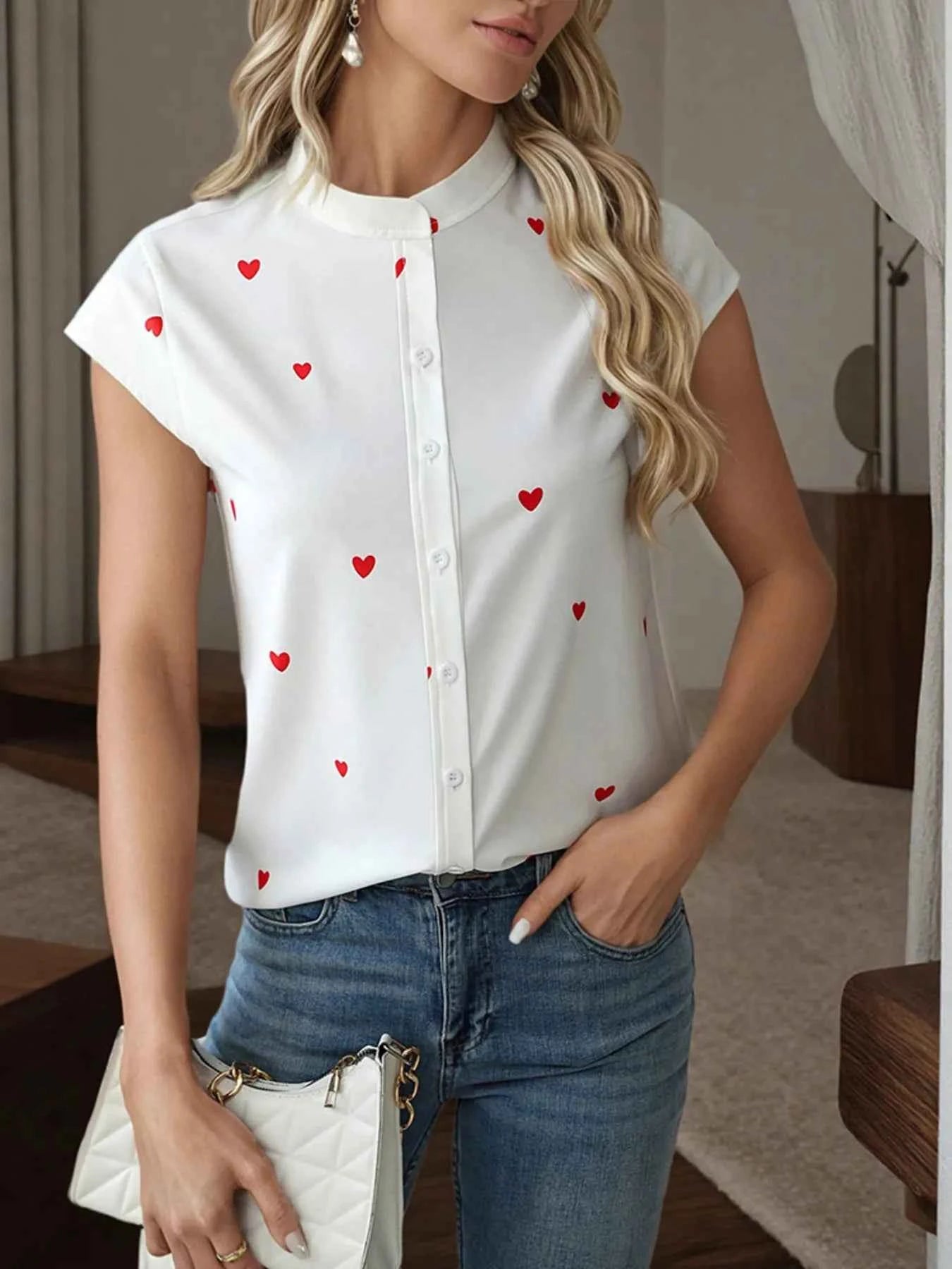 Heart Print Cap Sleeve Button-Up Shirt eccb1449983d44f4b9950bde5c29c6a0-Max-Origin