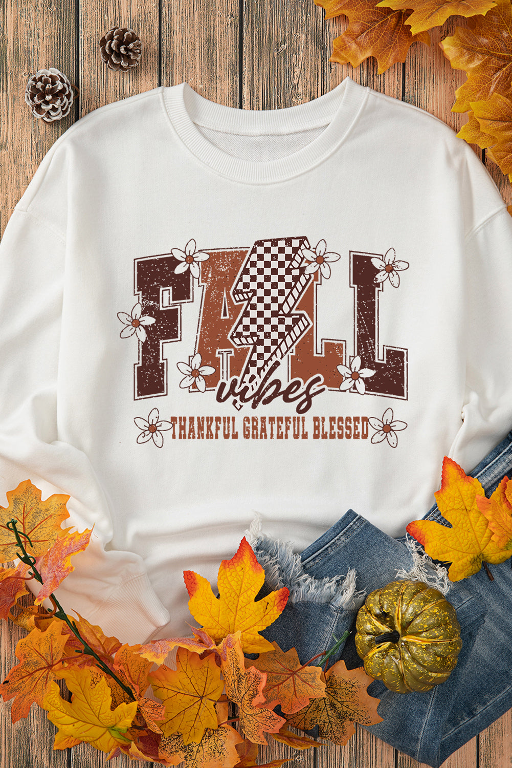 White FALL THANKFUL GRATEFUL BLESSED Heat Transfer Printing Graphic Drop Shoulder Sweatshirt White 50%Polyester+50%Cotton ecdcf82103bf34ec