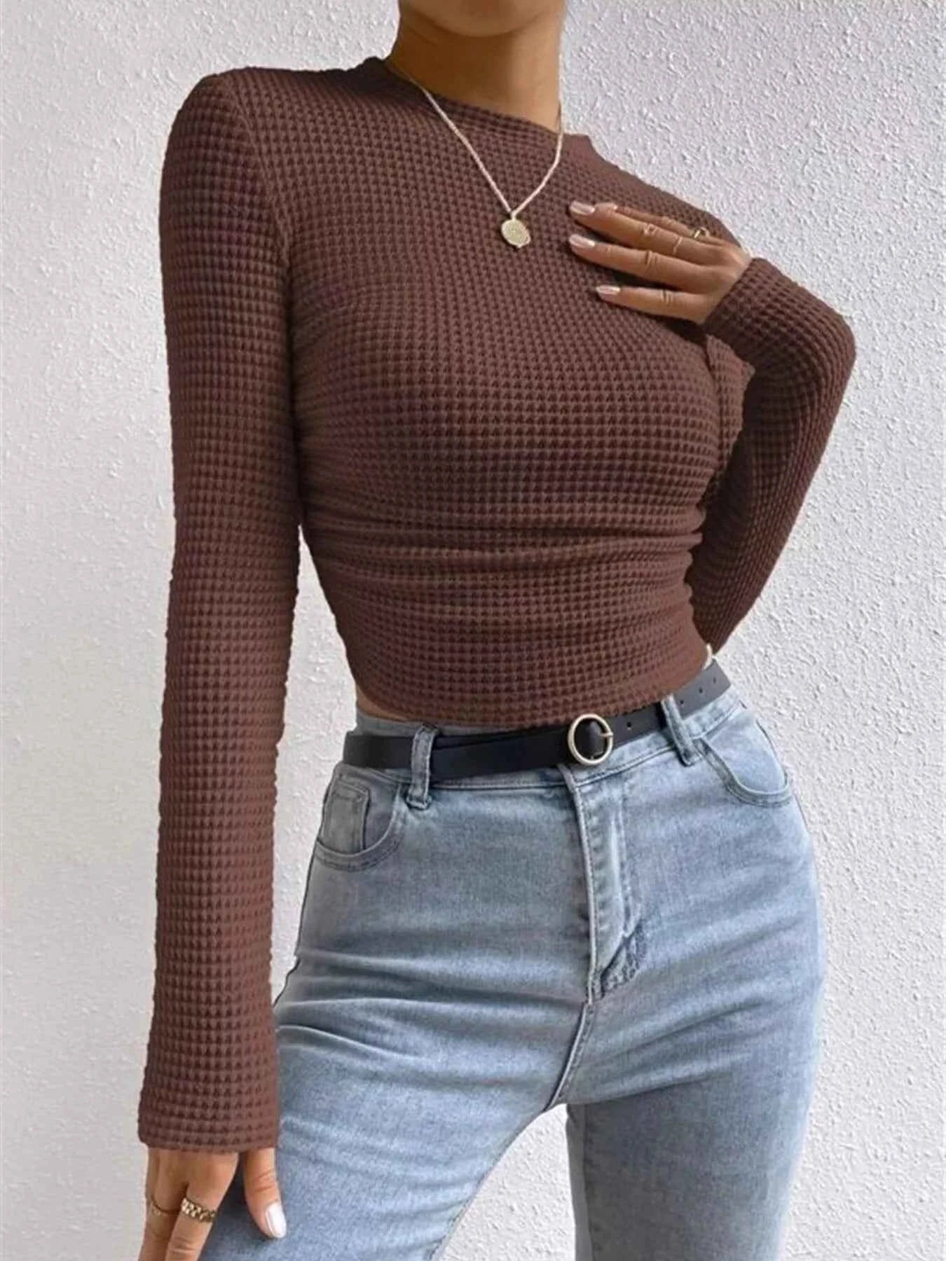 Waffle Knit Long Sleeve T-Shirt Brown ece20adb42d94c92a60a88efff6f7237-Max-Origin