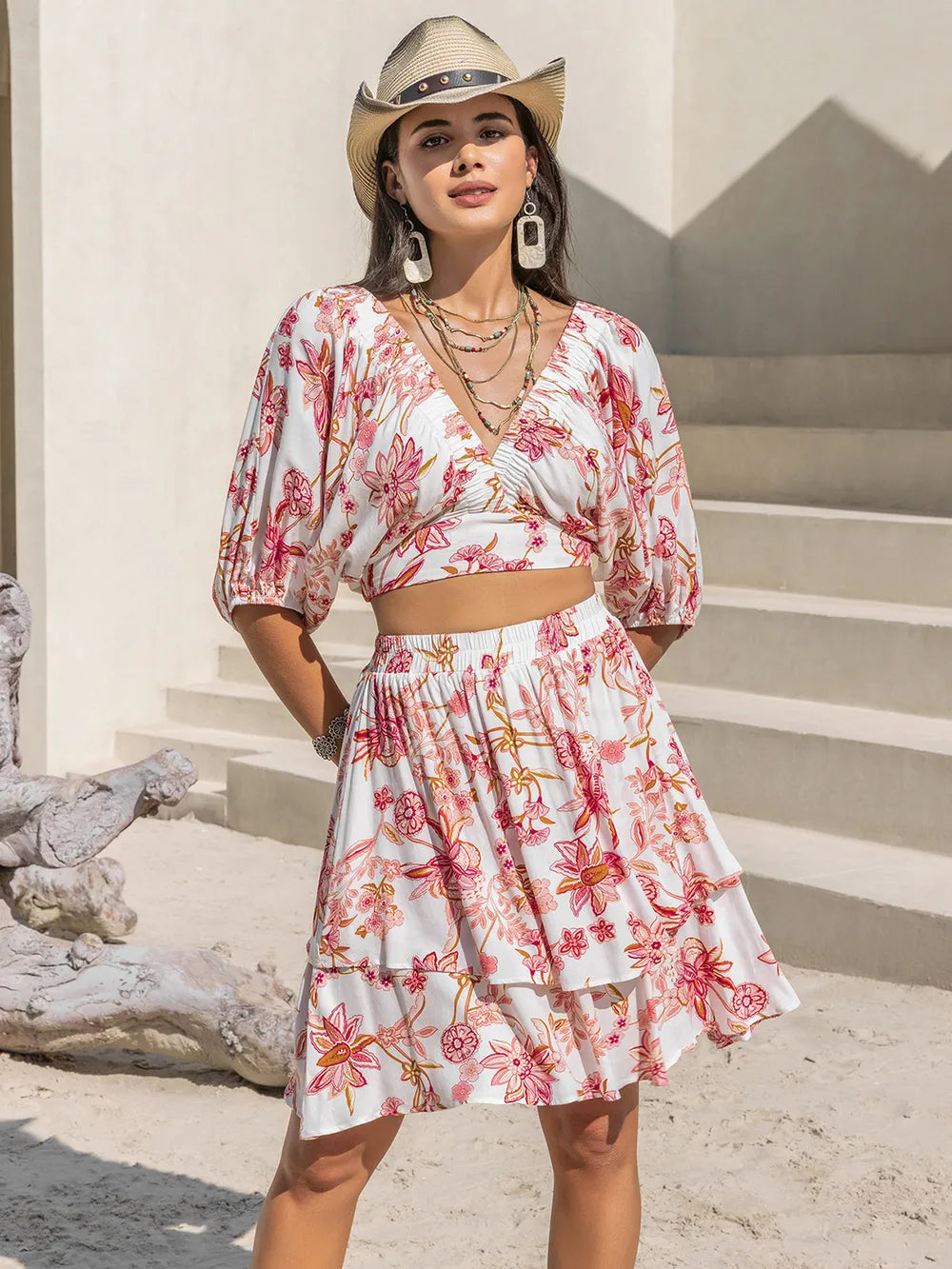 Printed Half Sleeve Top and Layered Skirt Set ece3012d-2d15-4f36-980c-2a1fb5a4e419-Max