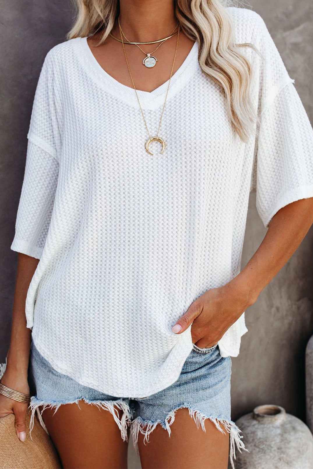 Blue Exposed Seam Drop Sleeve V Neck Waffle Textured Top White ece36a2262ae9b02