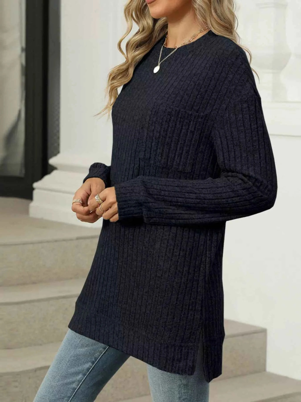 Ribbed Knit Round Neck Sweater ecf69493-d30b-426e-ab4b-88226556ecee-Max-Origin
