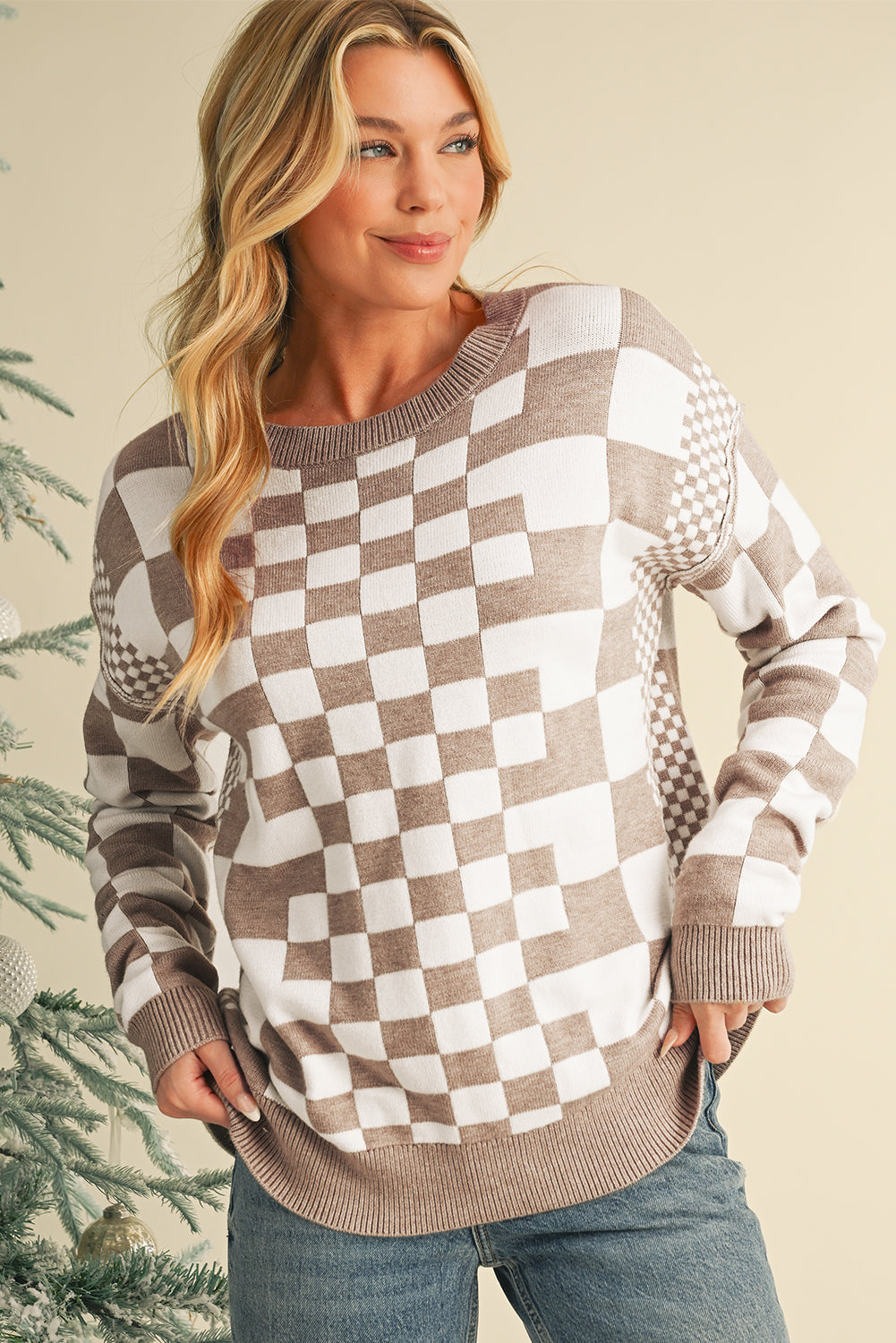 Black Checkered Drop Shoulder Round Neck Sweater ecf9f59f0945fbac