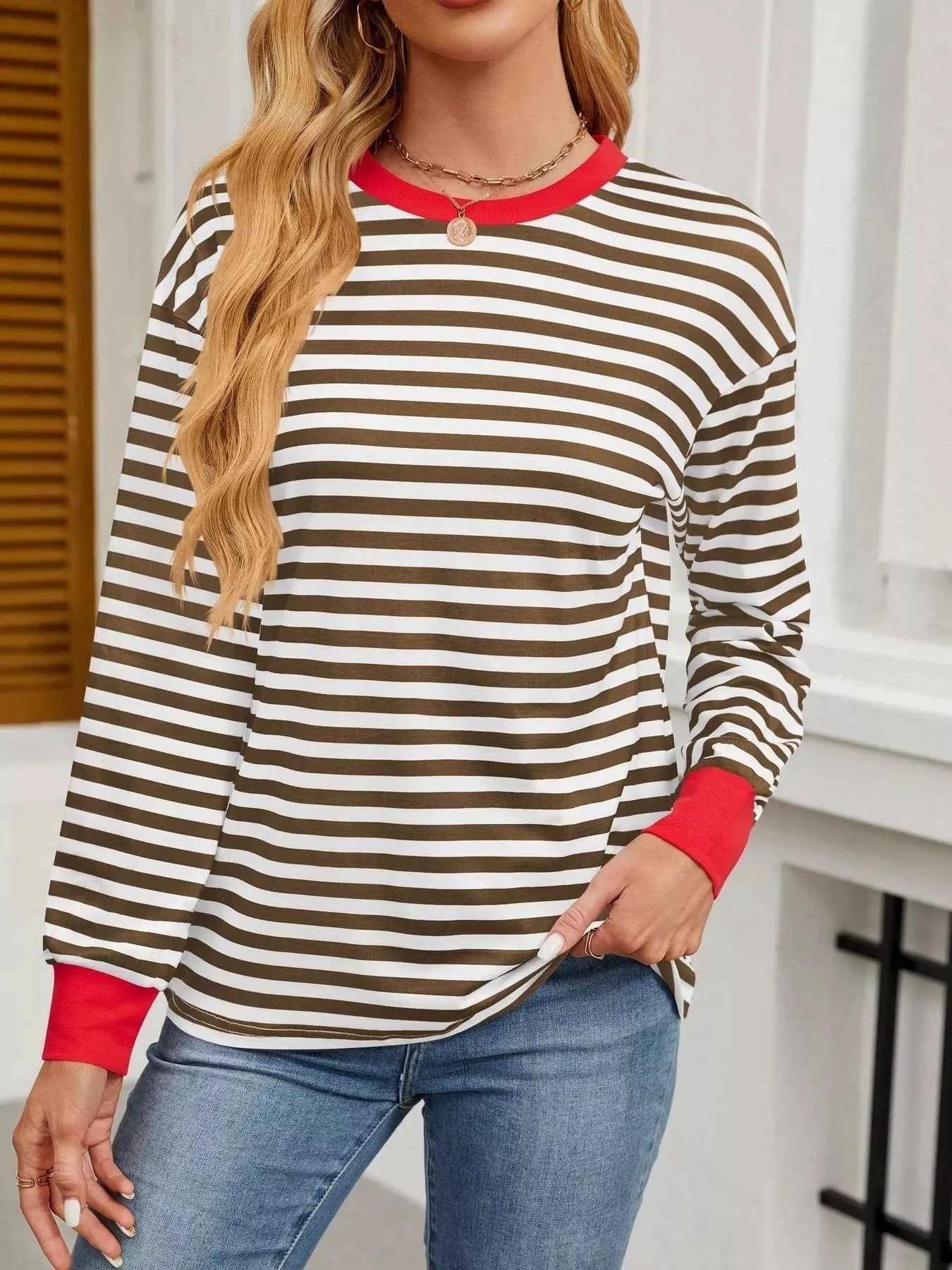 Striped Round Neck Long Sleeve T-Shirt ecfd0ad7fcfe4d1ea08162983369096e-Max-Origin