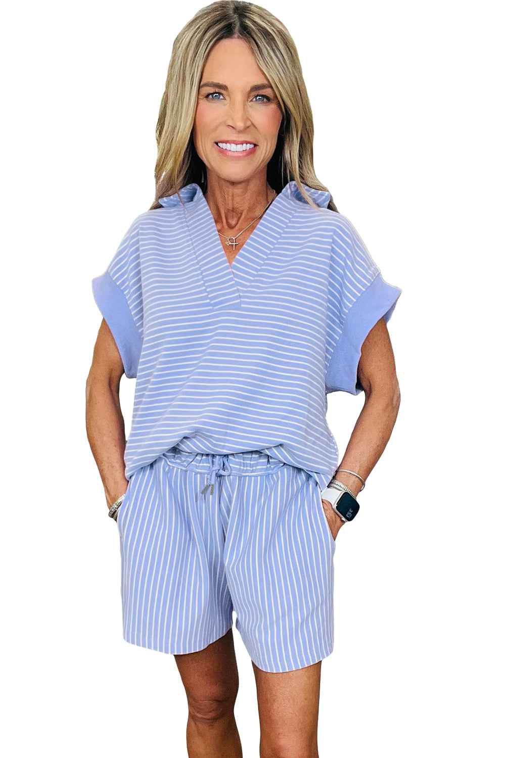 Sky Blue Striped Dolman Sleeve Pullover and Drawstring Shorts Set ed01deb4e3dfbd3d