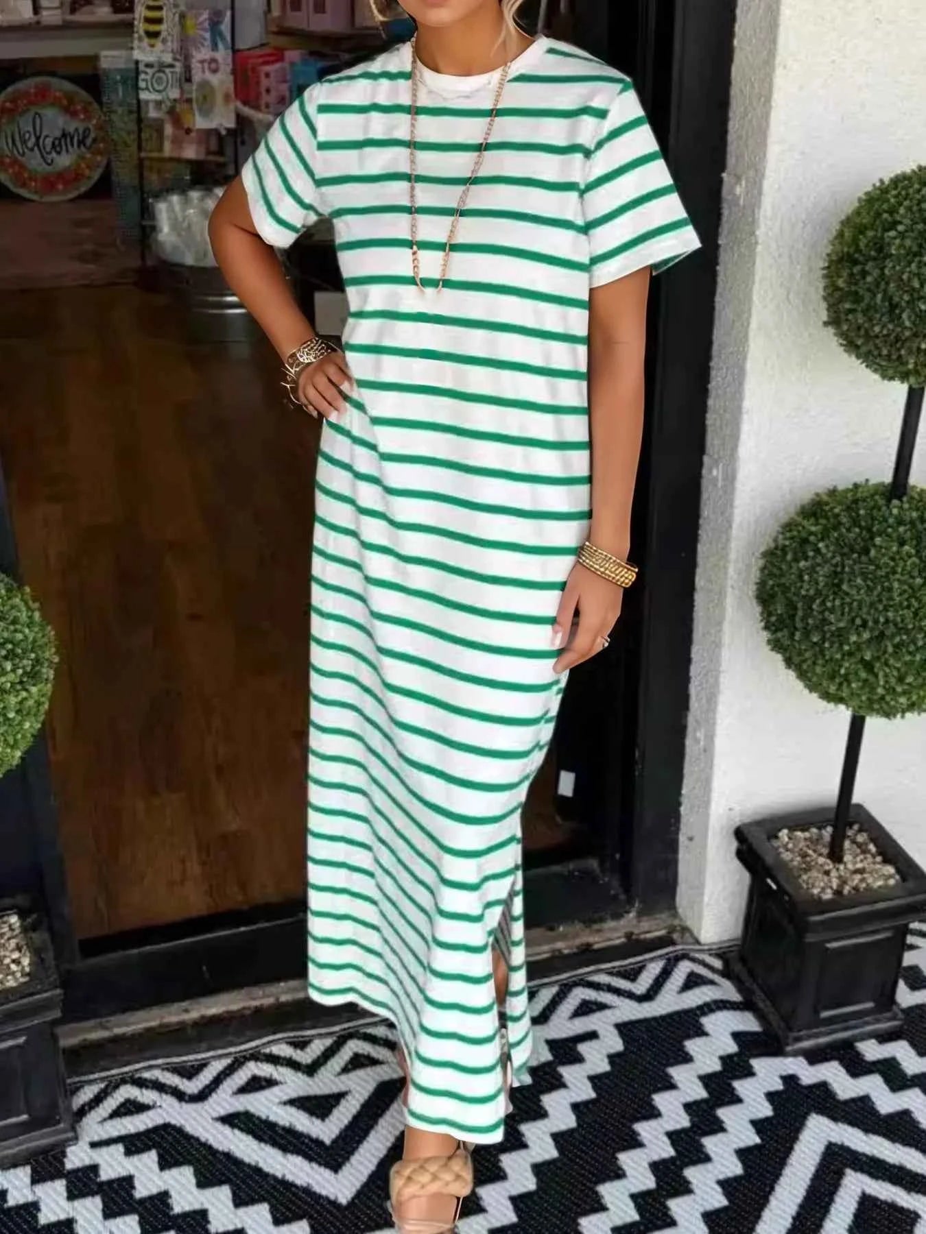Plus Size Striped Maxi Dress with Side Slit - Full Size T-Shirt Style Green ed1a3b0e-3580-414b-8a35-cc956c8c8e9d-Max-Origin
