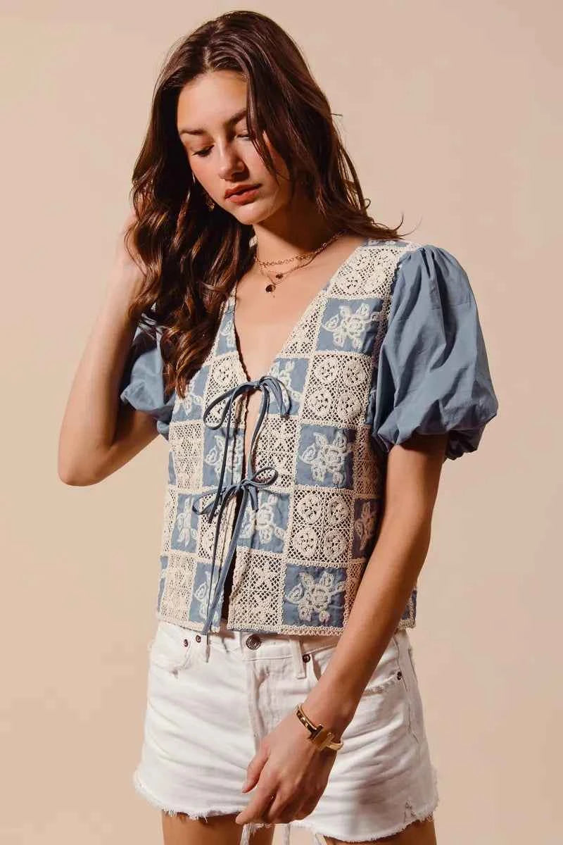 SO ME Crochet Lace Tie Front V Neck Blouse Top ed1bf46bb2d943f3a43b5789a7f5b00b-Max-Origin