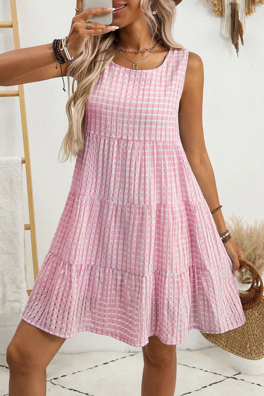 White Gingham High Waist Sleeveless Mini Dress Pink ed1f8be6e0ba6a8a
