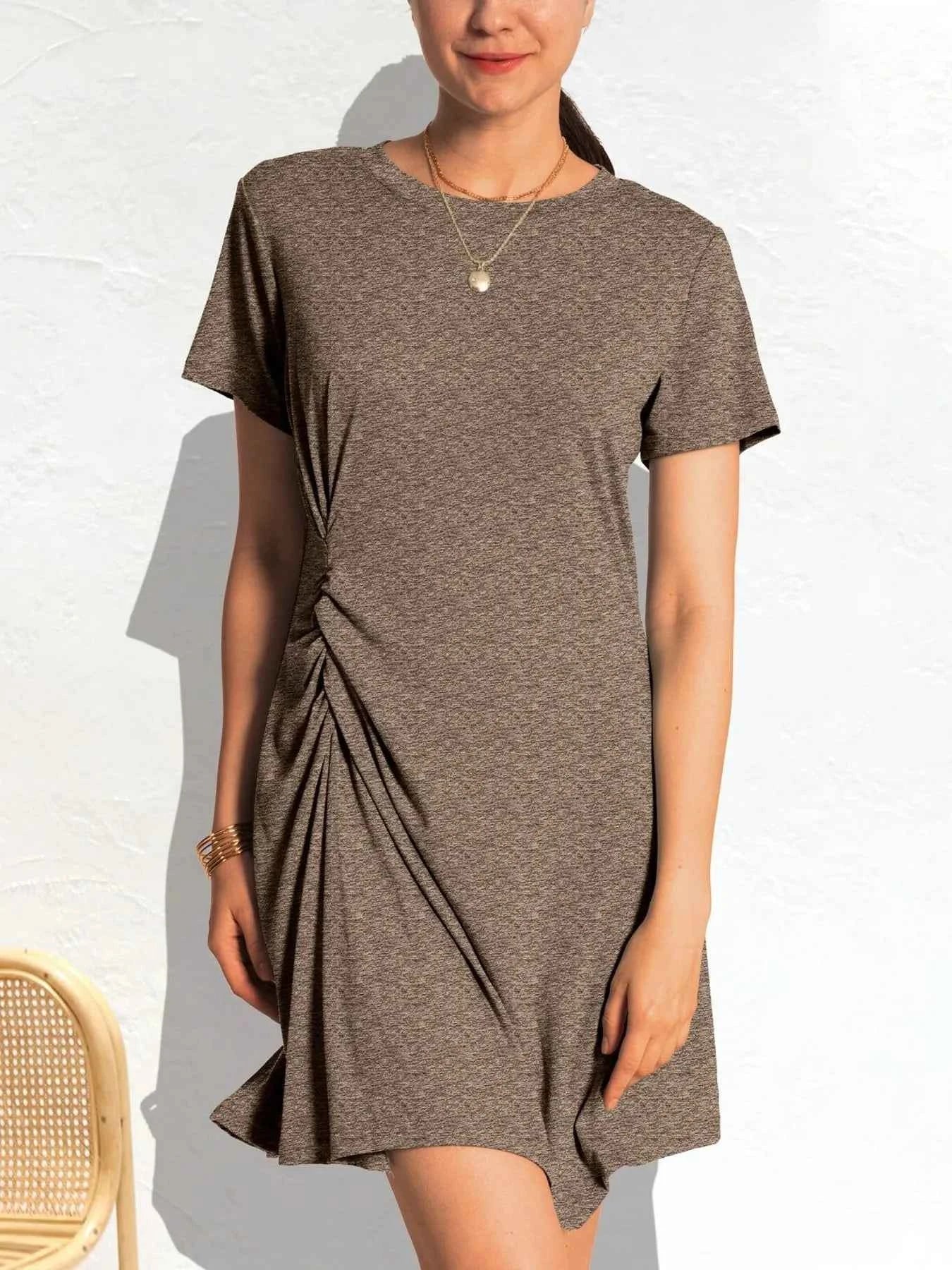 Ruched Short Sleeve Mini Tee Dress Taupe ed277e0c5bd144cfb79cfc9a645af4e8-Max-Origin